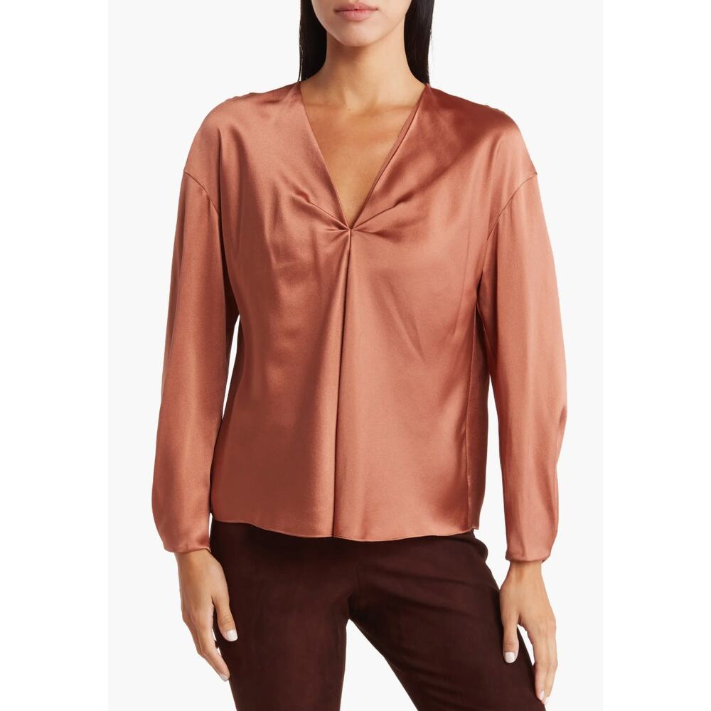 Vince 100% Silk Satin Blouse XS Copper Rust V Neck Pleat Front Long Sleeve